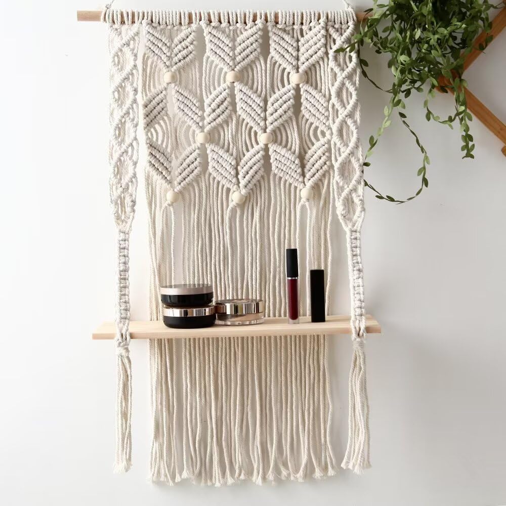 1 Tier Macrame Boho Wall Hanging Shelf, Handmade Bohemian Wooden Woven Plant Floating Shelves Decor, Decorative Chic Organizer for Bathroom Women Bedroom Girl Nursery Storage