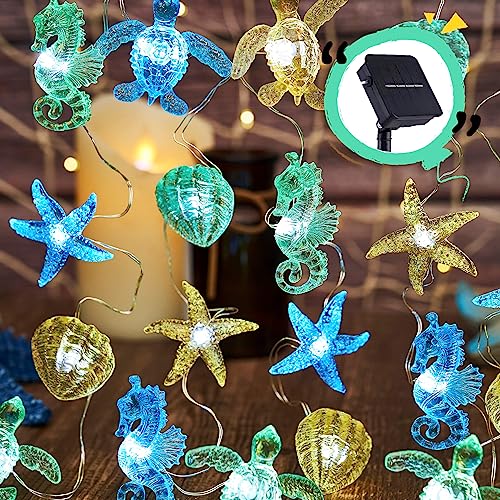 Nautical Theme Outdoor Solar Fairy Lights Ocean Décor Beach Decorative String Lights Solar Power Seahorse Sea Turtle Starfish Shell Garden Night Lights 40LED 14ft Balcony Front Porch Tree Trunks
