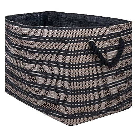DII Woven Paper Storage Bin, Basketweave, Stone & Black, Large