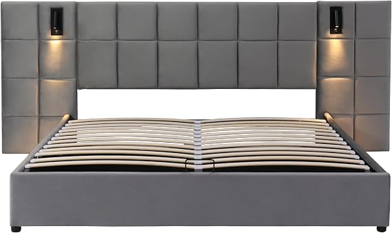 Upholstered Ottoman Bed, Hydraulic Storage Bed with Directional Lamp and USB Charging, 5ft King Size Bed Frame with Wide Headboard, Velvet Grey LED Gas Lift Ottoman Bed With Storage & Wooden Slats
