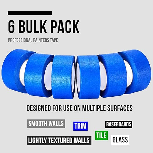 Miniatura 2 de Lichamp 6 cintas azules para pintores de 2 pulgadas de ancho, paquete múltiple de cinta adhesiva azul para pintores, 1.95 pulgadas x 55 yardas x 6