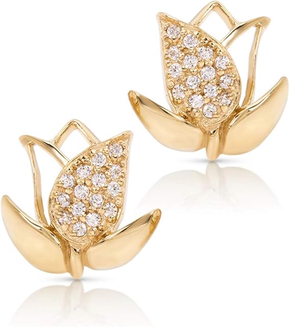 BLING BIJOUX Sterling Silver Gold-Plated Hypoallergenic with cubic zirconia Tulip Flower Shape Earrings for Women