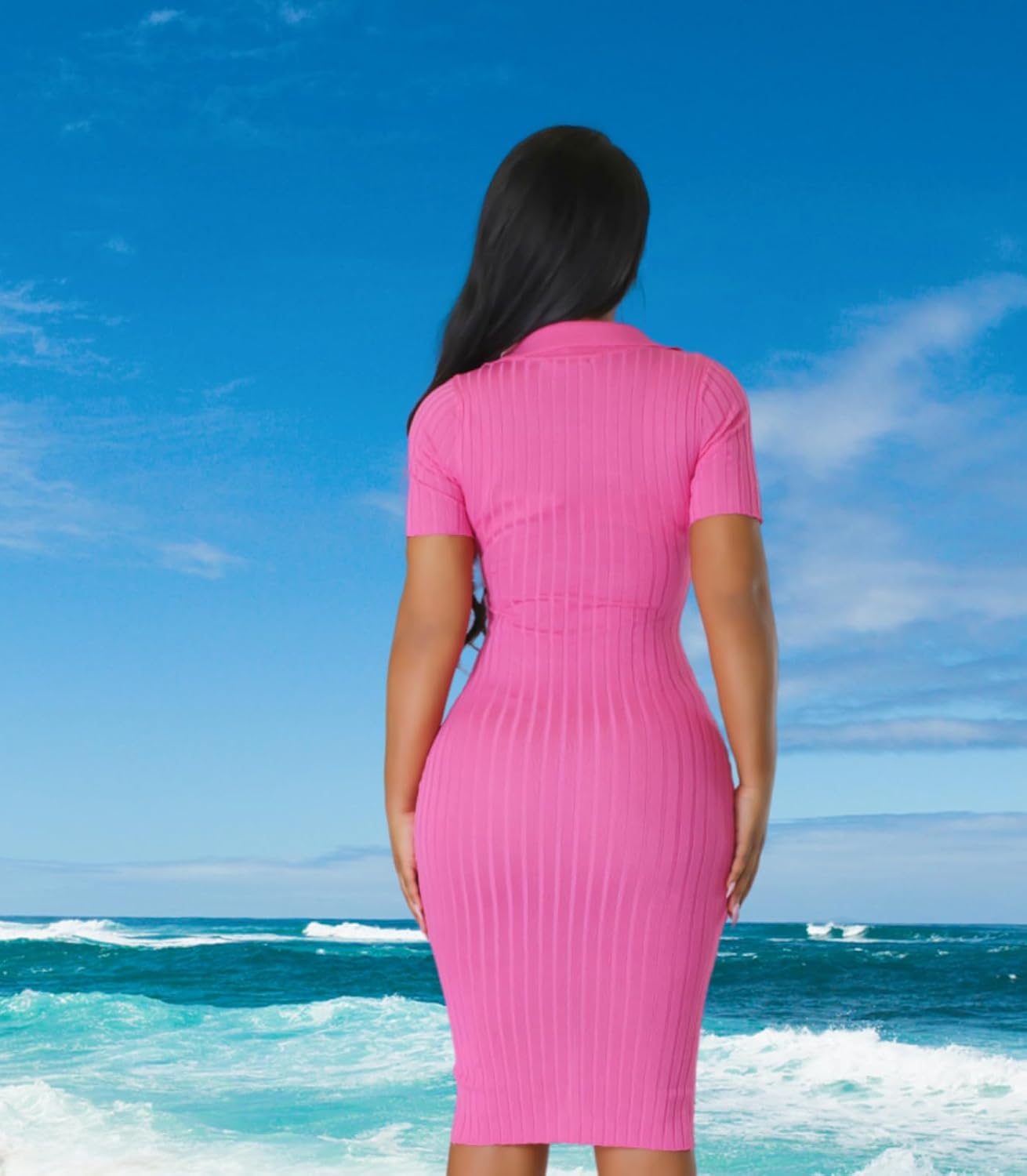 Women's Fashion Sexy Elegant Comfortable Fit Vital V-Neck Knitted Short Sleeve Dress - Image 5