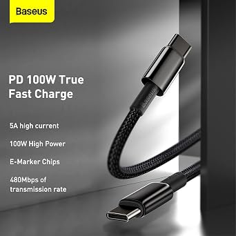 Baseus Tungsten Gold Fast Charging Cable Type-C to Type-C 100W, 1m, Black