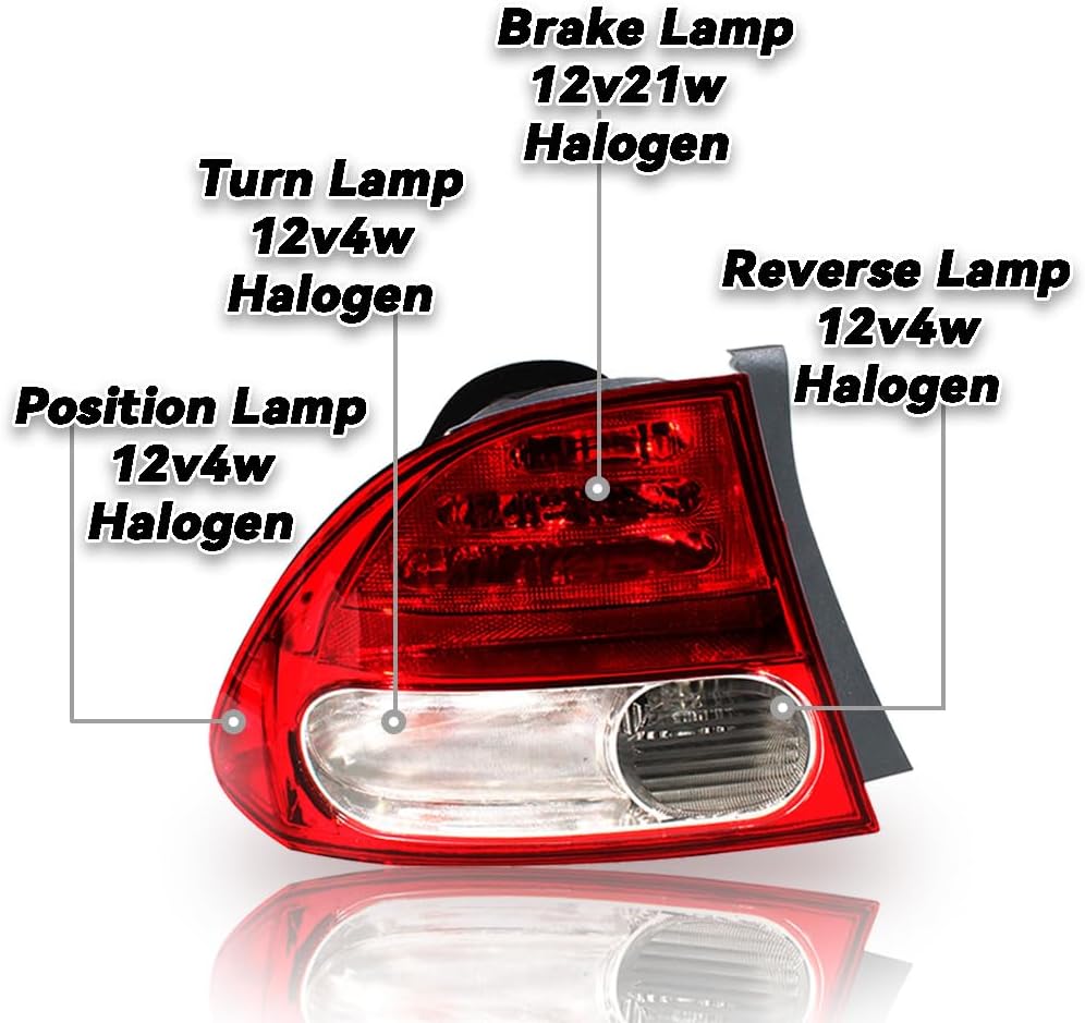 Tail Light Lamp Assembly With Halogen Bulbs Fit for Honda Civic 2009 2010 2011, Replace for 33501SNAA51 33551SNAA51 (Driver Side + Passenger Side)