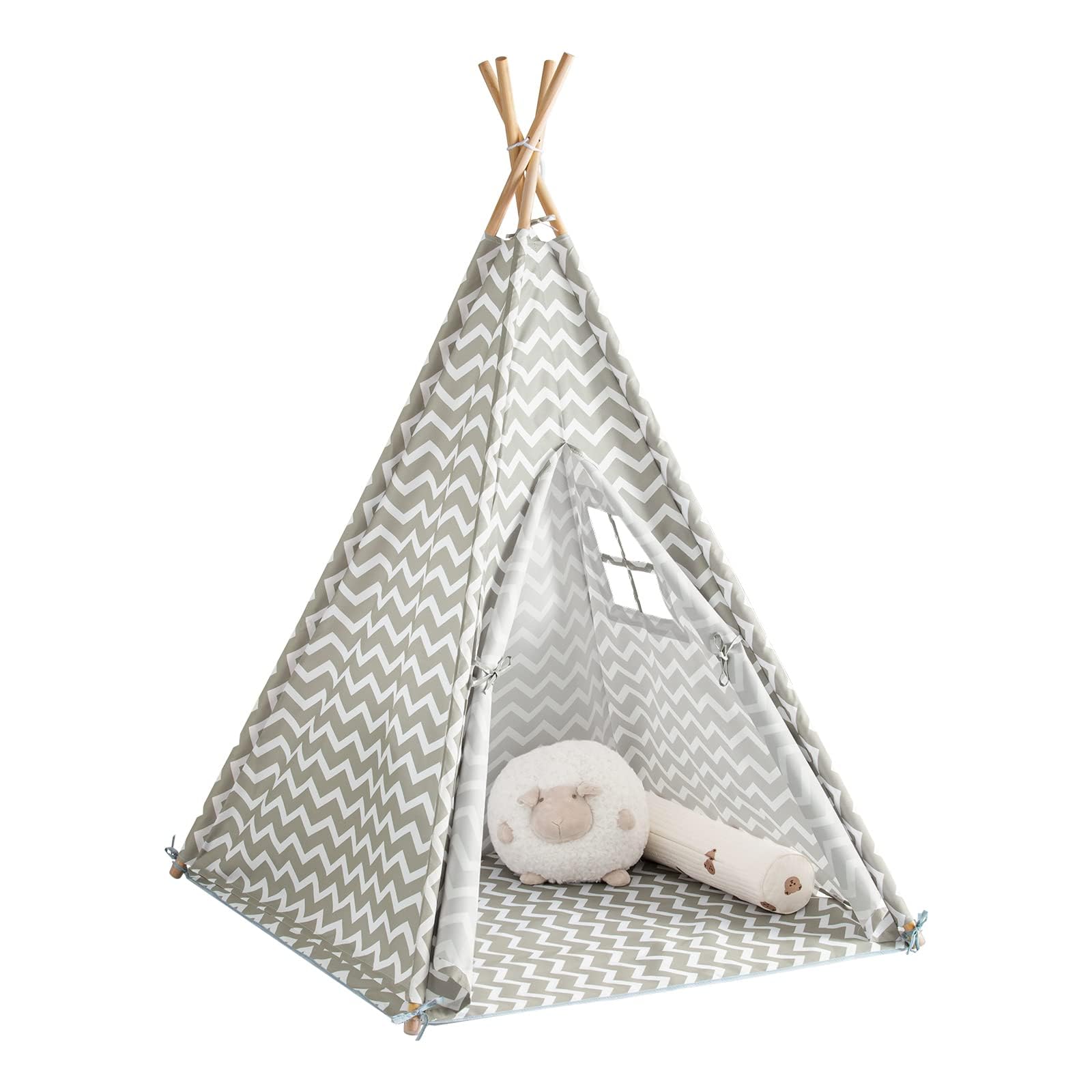 SoBuy Tenda Tipi Bambini 109x109x165cm Cameretta | casetta gioco con tappetino, finestra e tenda apribile, struttura in pino OSS03