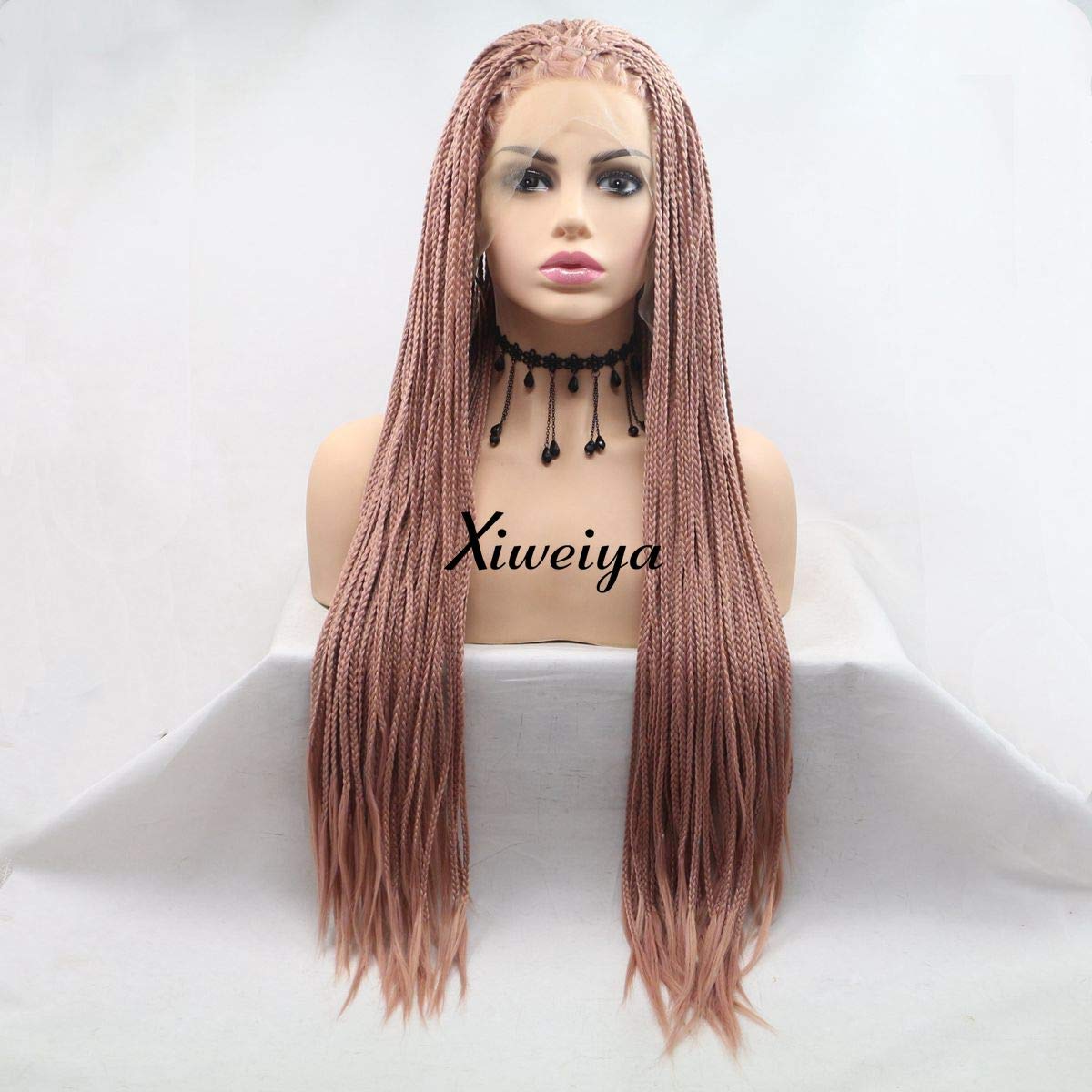 Xiweiya Braided Lace Wigs For Black Women Synthetic Lace Front Wigs Pink Braided Wigs Heat Resistant Braids Wig Long Hair Micro Braids Hair (Pink)