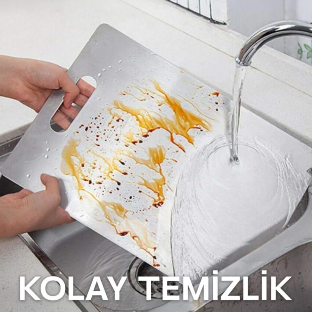 Çelik Kesme Tahtası Paslanmaz Çelik Gıda Temasına Uygun Hijyenik ve Dayanıklı Antibakteriyel 0,7 mm Kesim Panosu Levhası Cam Kesme Tahtası (İNCE SERİ KOLAY TAŞIMA)