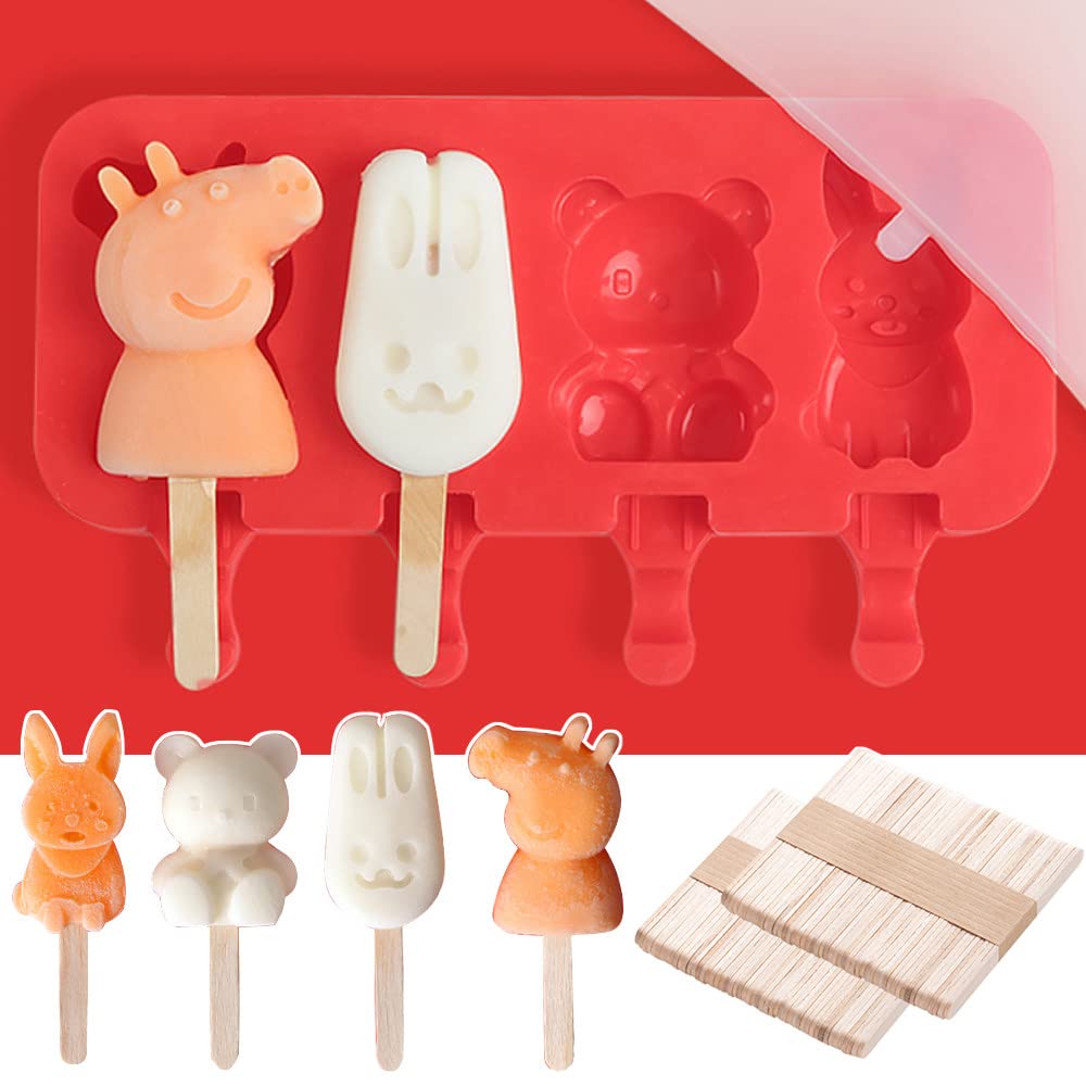 FAXIOAWA Moldes para paletas de Hielo Moldes para paletas de Silicona 4 cavidades Molde para Helado casero Reutilizable Silicona Suave, Molde para Pasteles para paletas de Hielo DIY,Rojo