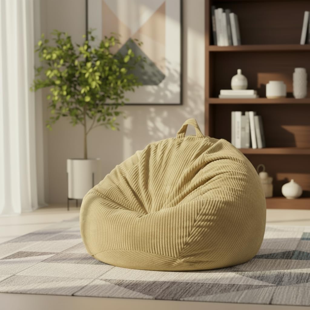 Stuffed Animal Storage Bean Bag Cover (No Filler), Corduroy Kids & Toddler Bean Bag Chair for Teens & Adults, Toy Storage Organizer, Comfy Sofa for Playroom (Camel Khaki, Adult (Cover Only）)-image-1
