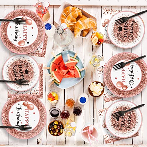Wiooffen 96Pcs Rose Gold Birthday Party Supplies Pack Happy Birthday Paper Plates Napkins Forks Kit Disposable Tableware Set Birthday Party Decorations Favors For Girls, Serve 24 #TOP6