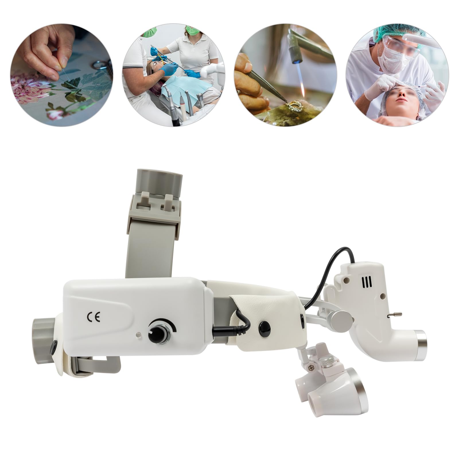 Lente d'ingrandimento medica binoculare, ingrandimento 3,5x, 65000 lux, LED, dimmerabile, bianco, ABS e vetro, per odontoiatria e chirurgia