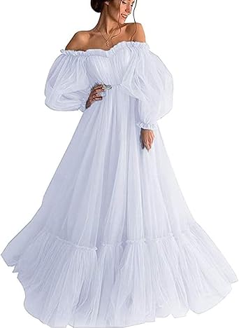Tulle Ball Gown Prom Dresses with Long Puffy Sleeve Sweetheart A-line Formal Evening Dresses for Women PP001
