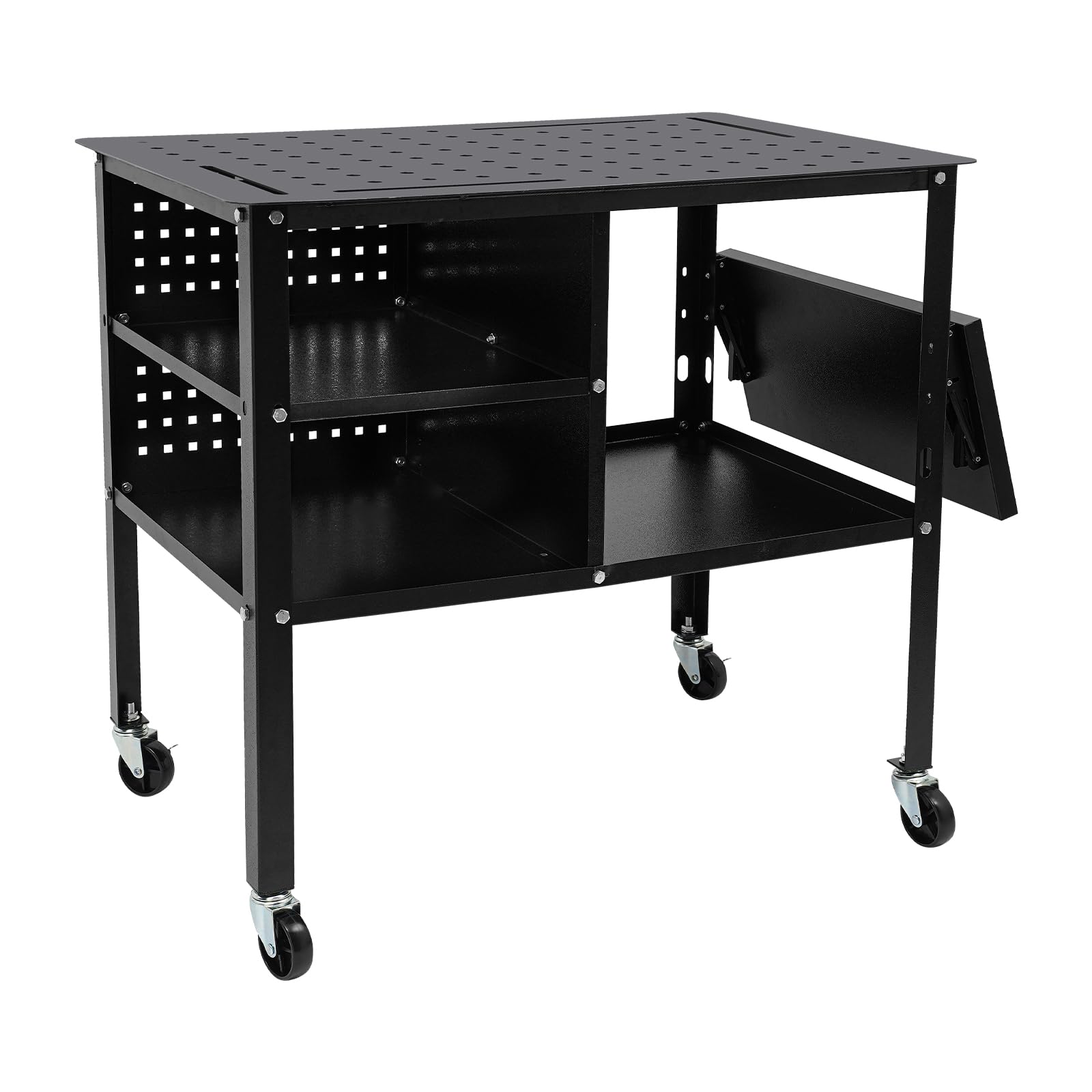 Mesa de soldadura móvil de acero, capacidad de carga de 500 kg, banco de trabajo con ruedas, mesa de trabajo con 4 ruedas, bandeja lateral plegable, placa perforada para taller, reparación de