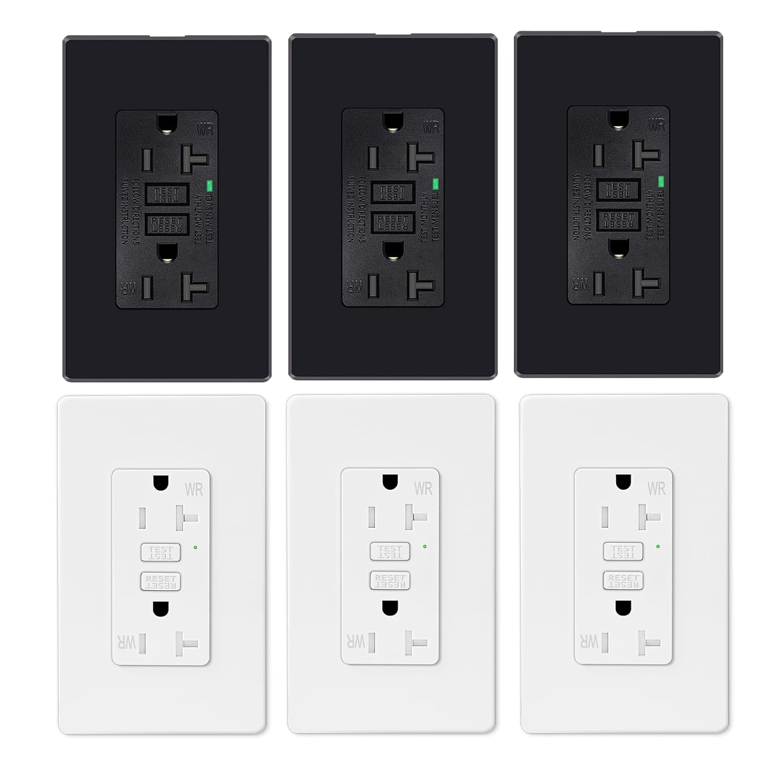 Black GFCI Outlet 20 Amp,GFCI Outlet Receptacle with LED Indicator, 20 Amp 125 Volt Wallplate and Screws Included ETL Listed,3PK Black,with 3PK Shallow White GFCI Outlets,Thin Ground Fault R