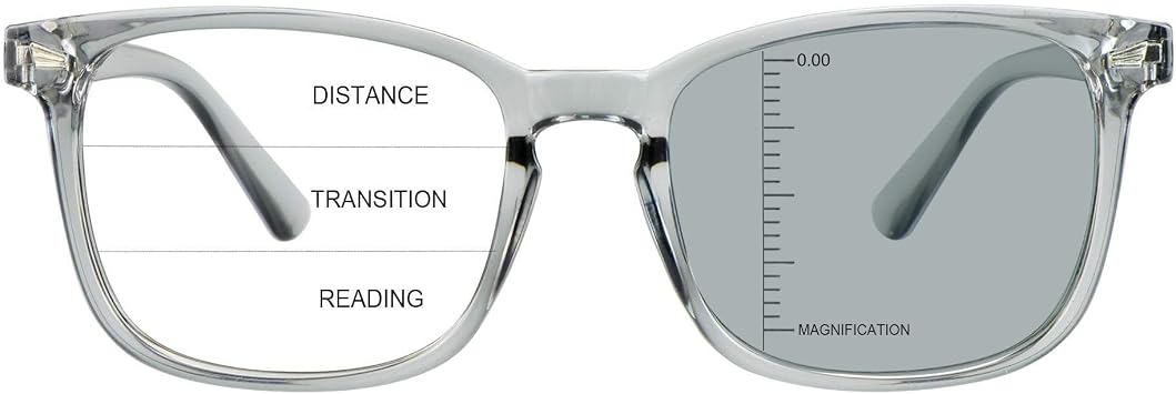 Vintage Square Progressive Multifocal Presbyopic Glasses, Photochromic Gray Sunglasses for Men Women Readers Clear Gray,+0.00/+1.75 Magnification