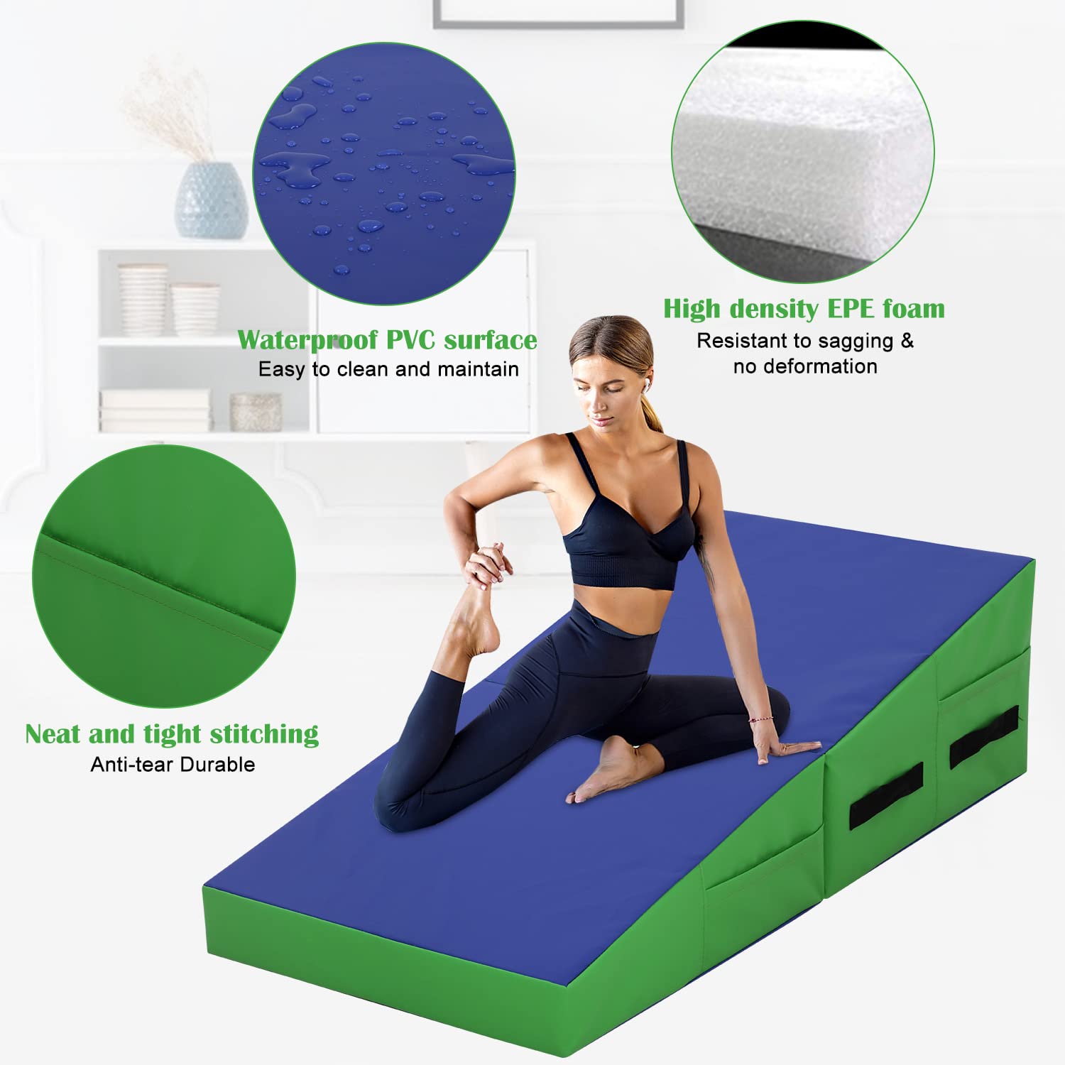 Tappetino da ginnastica, 121 x 61 cm, con superficie antiscivolo in PVC, per bambini e adulti, pieghevole, per ginnastica domestica, con manici