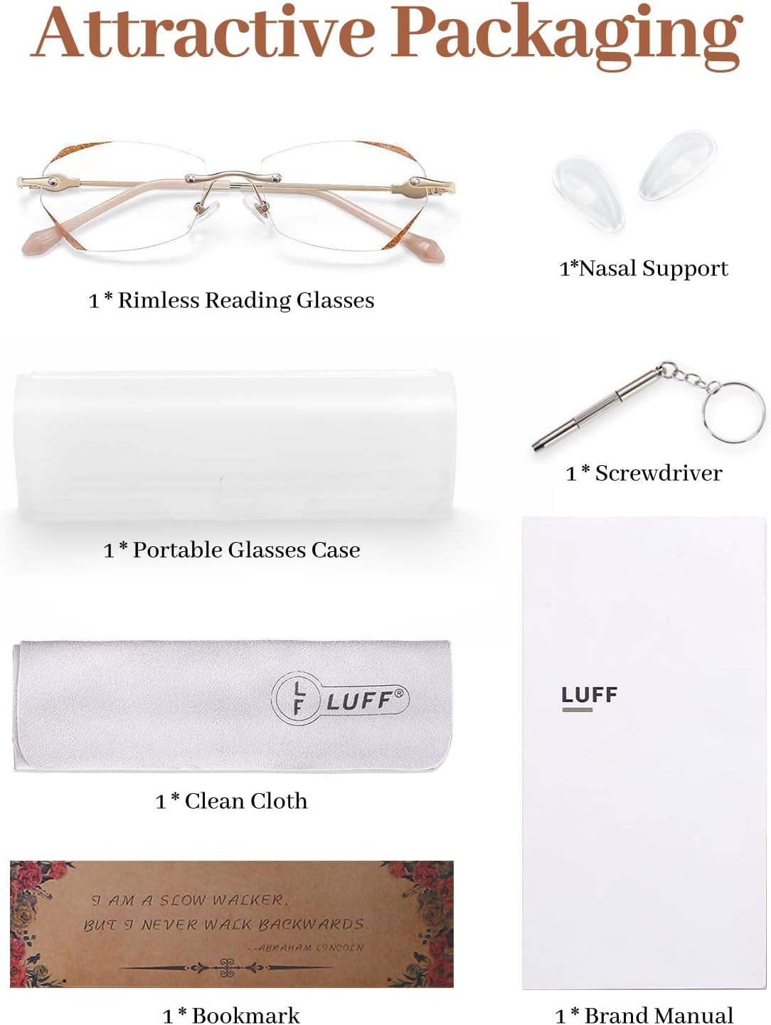 LUFF Rimless Reading Glasses for Women & Men, Lightweight Blue Light Blocking Readers, Anti-Eyestrain Computer Glasses + Case - Image 7