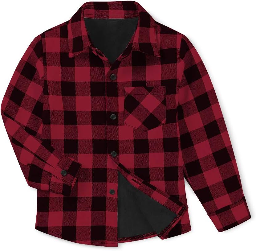 Boys' Winter Long Sleeve Plaid Fleece-Lined Button Down Shirt