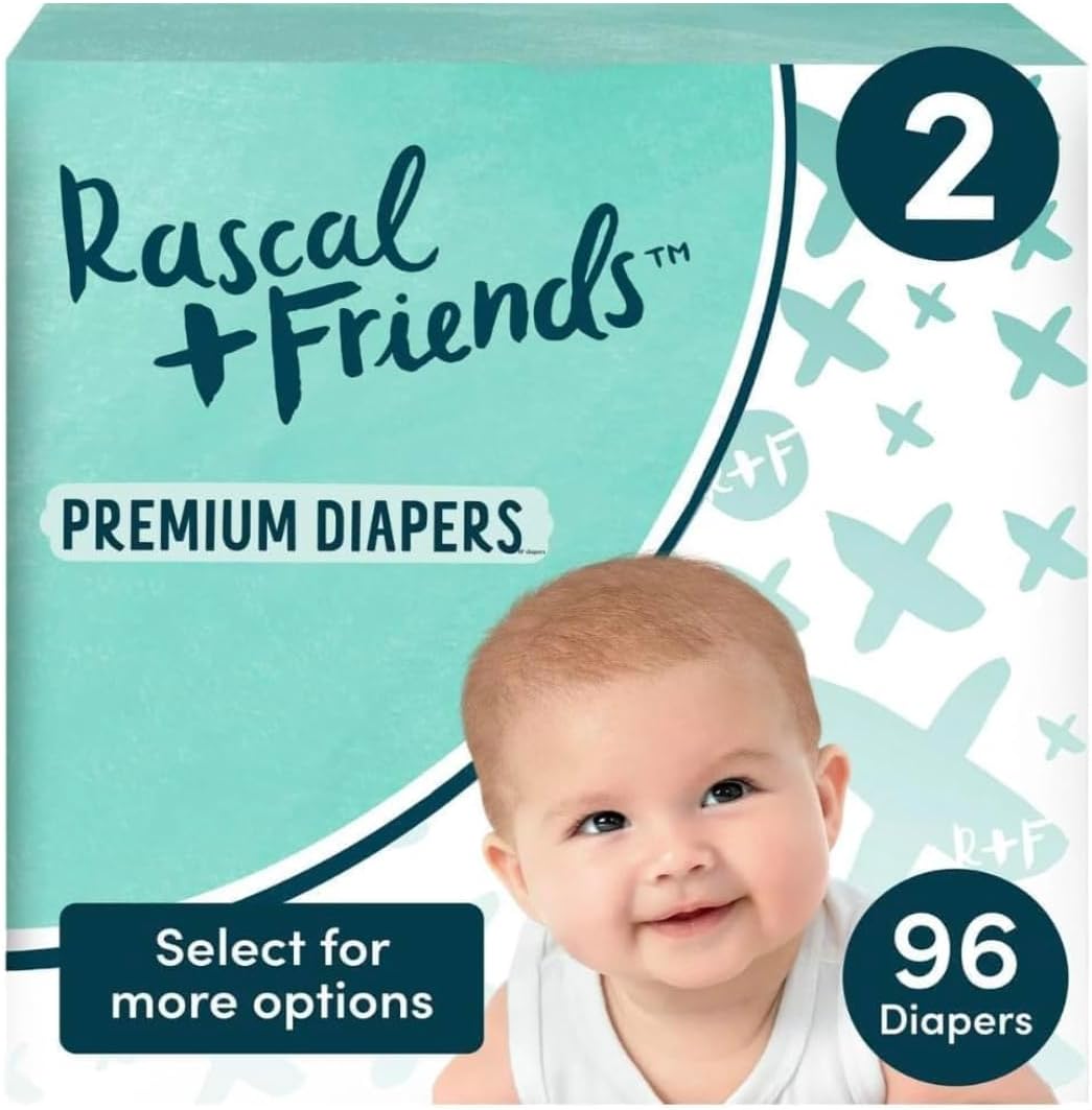 Rascals Premium Absorbent Baby Diapers Size 2, 96 Count, with 5 Sensitive Infant Wipes (Pack of 1)