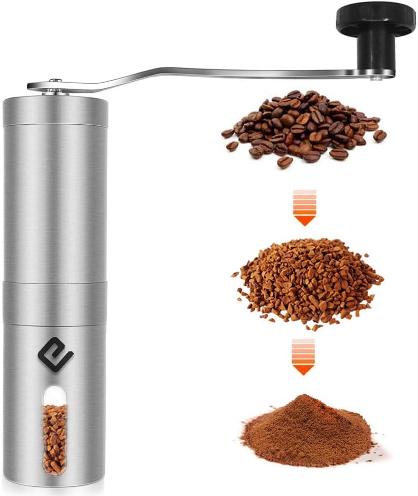 CHARMINGEL Coffee Grinder Manual Coffee Bean Grinder Portable Hand Crank Coffee Burr Mill Grinding Machine 304 Stainless Steel Brushed Pattern for Home Office Outdoor Travel