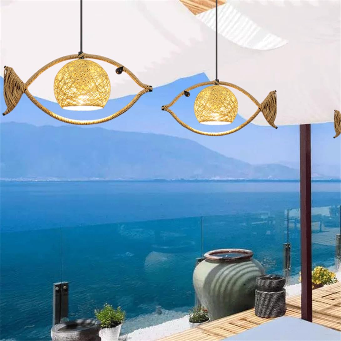 Boho Light Fixture Fish-Slamp Handmade Woven Rattan Light Creative Pastoral Style Light Rustic Farmhouse Kitchen Island Light Fixture for Hallway Foyer(1 Pack)