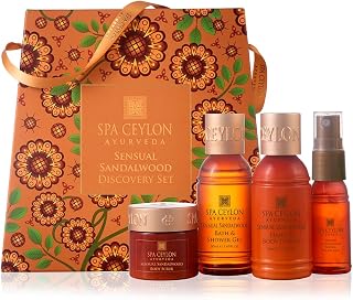 Spa Ceylon Sensual Sandalwood Discovery Set | Travel Size Body Care Set for All Skin Types | Body & Pillow Mist 20ml, Bath & Shower Gel 50ml, Body Lotion 50ml, Body Scrub 30g | Gift Set