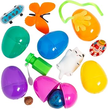 Fun Express Bulk 100 Pc. Toy-Filled Plastic Eggs - Pre-filled Surprise Prize Assortment for Kids, Carnival Giveaways, Birthday Party Favors, Classroom Rewards, and Community Events