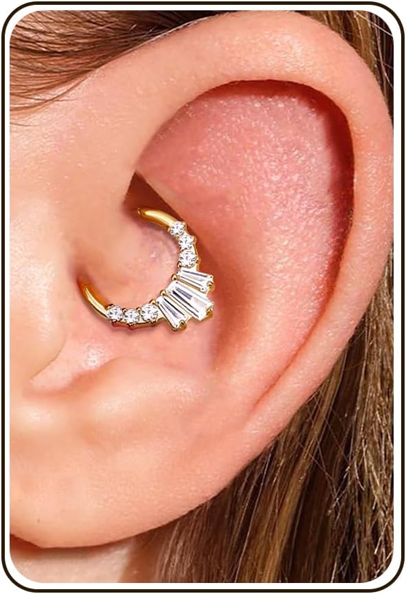 BodyBonita 316L Stainless Steel Daith Earrings Piercing Jewelry for Women, Hypoallergenic Luxe Cubic Zirconia Septum Hinged Nose Rings Hoops Conch Tragus Helix Earring 14K Gold Plated/Silver 8/10 mm