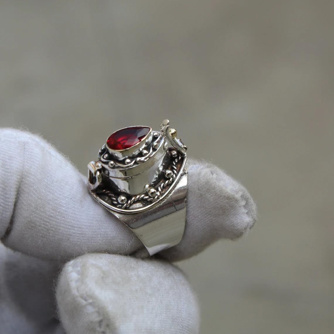 Handcrafted Poison Ring in Natural Garnet - Vintage Jewelry January Birthstone Red Pear, Antique Secret Design, Elegant Ring for Women