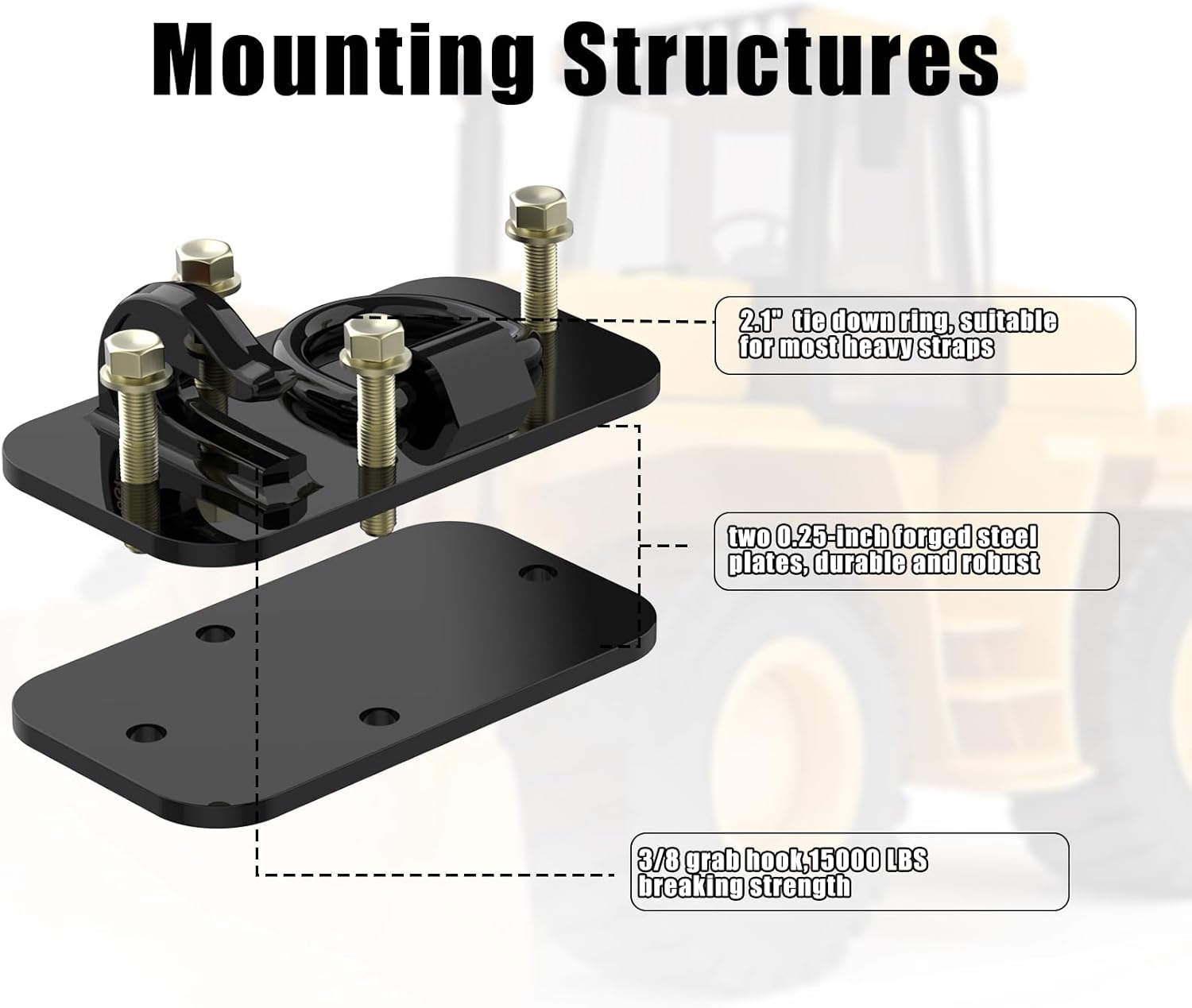 2 Pack 3/8" Tractor Bucket Hooks with Tie Down Ring - Grade 70 Forged Steel Bolt-On Grab Hook with Backing Plate, Max Load 15,000 lbs, Compatible with Kubota, John Deere, RV, UTV, Truck, Black