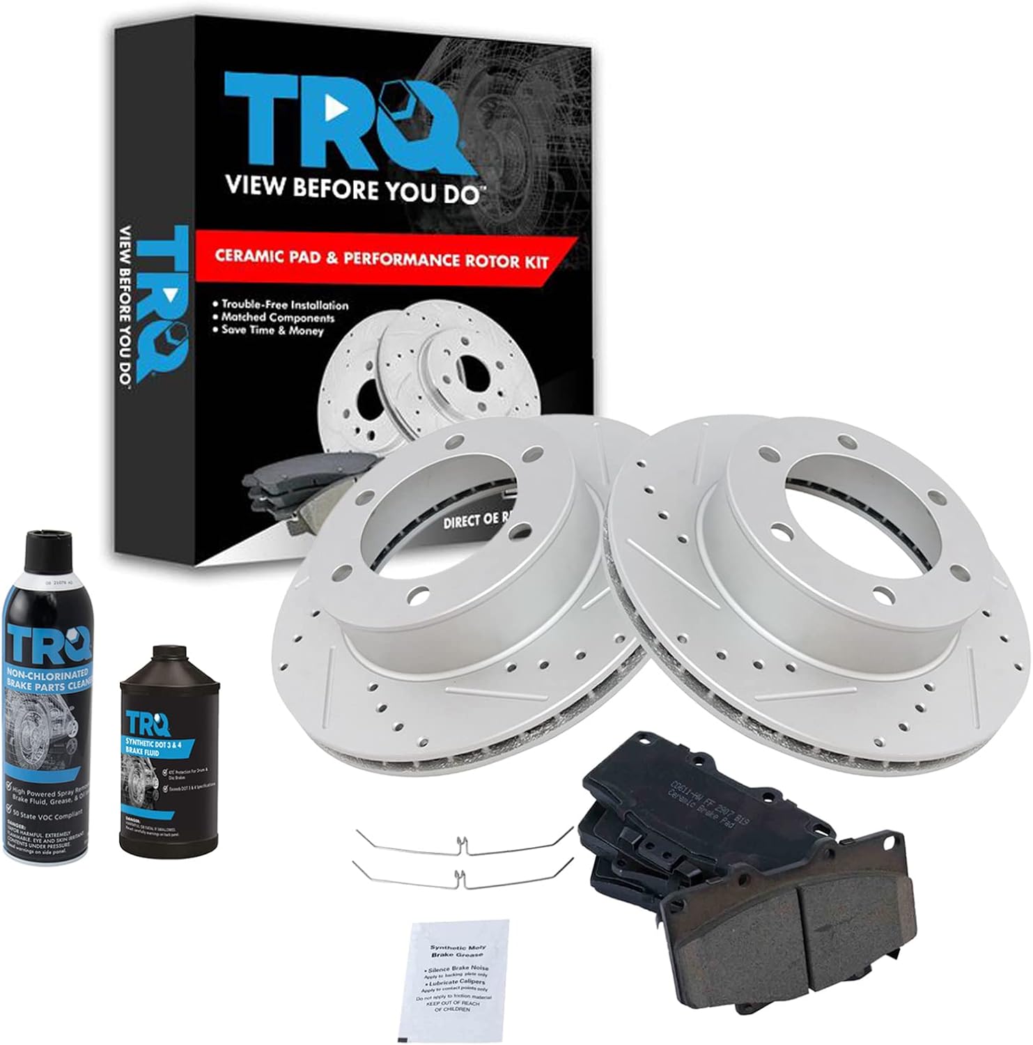 TRQ Front Performance Brake Pad & Rotor Kit Brake Chemical Kit Brake Pads Brake Rotors Set Ceramic Premium G-Coated Compatible with 1996-2000 Toyota 4Runner
