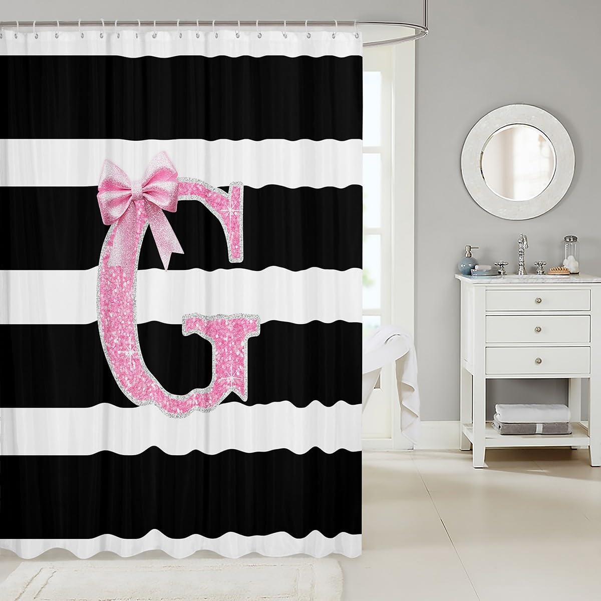 Erosebridal Monogram Letter G Fabric Shower Curtains for Kids Pink Bow Shower Curtain 72" W X 72" L Personalized Glitter Initial Bath Curtain Black White Stripes Bathroom Waterproof Accessories image 2