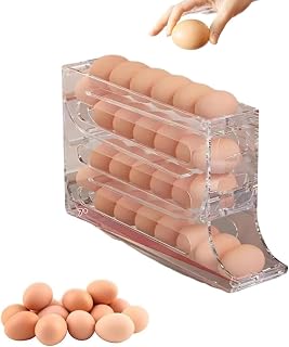 4-Tier Egg Holder for Fridge, Auto Rolling Egg Dispenser, Gravity-Fed Egg Organizer Rack Holds 30 Eggs, BPA-Free Plastic Refrigerator Egg Storage Container, Space Saving Kitchen Organizer