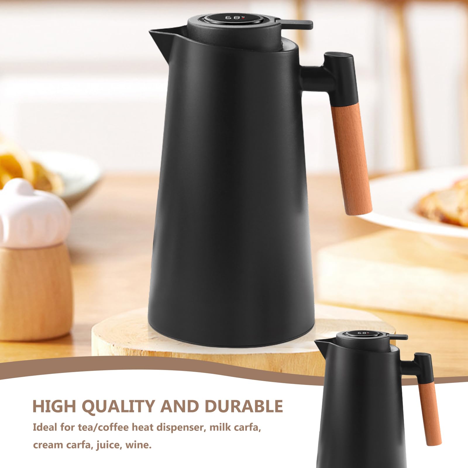 Thermoskanne 1L, Tee Thermoskanne mit Temperaturanzeige, Kaffeekanne Thermo mit Holzgriff, Isolierkanne mit Einfachem Sicherheitstaster, Teekanne Thermo, Thermosflasche Für Home Office Hotel, Schwarz