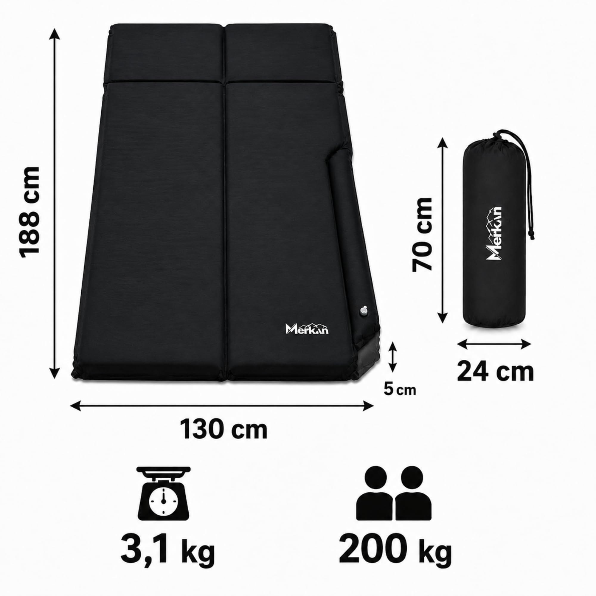 Dwuosobowa Mata Samopompująca 188x130x5 cm, Mata Turystyczna Kempingowa, Materac Samopompujący z Poduszką, Antypoślizgowa, Do Samochodu, Na Camping i Biwak