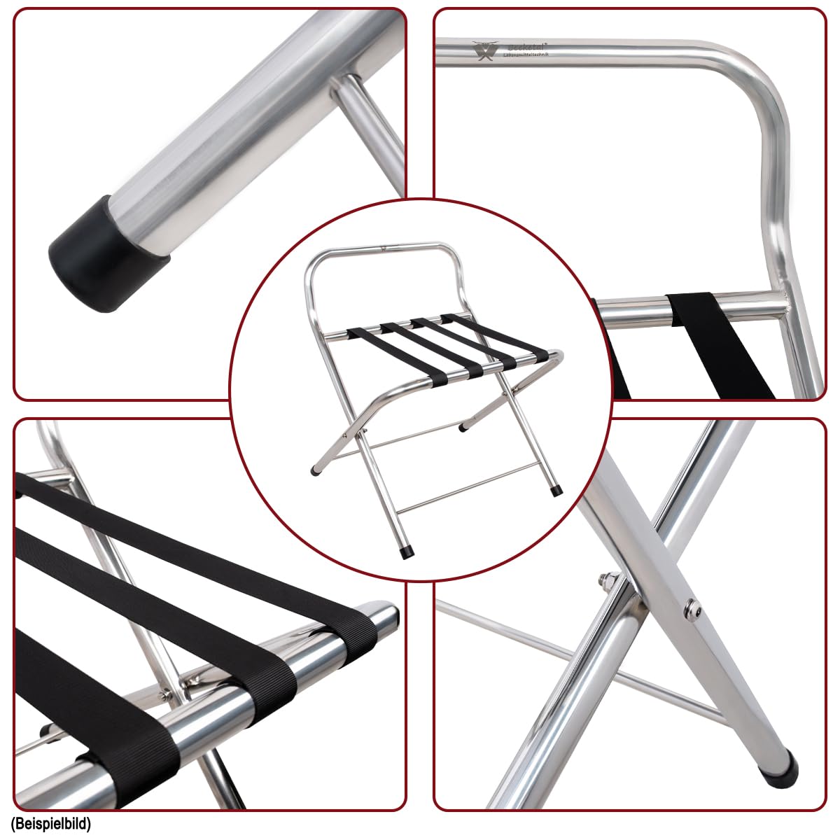 Beeketal Kofferständer KSB-50 Edelstahl Klappbar | Robuste Gepäckablage für Hotel, Pension & Gästezimmer | Kofferhalter bis 50 kg Tragkraft | Fertig montiert & Platzsparend (55x50x62 cm)