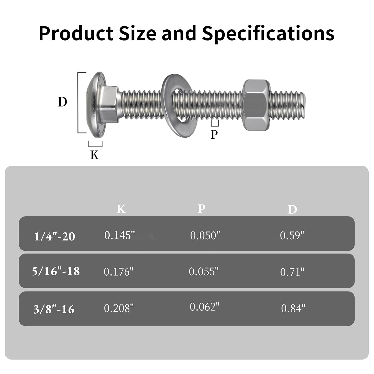3/8-16 x 2-1/2" Carriage Bolts 304 Stainless Steel 18-8,Round Head Square Neck (7Sets) Bolts and Nuts Kit with Flat Washers