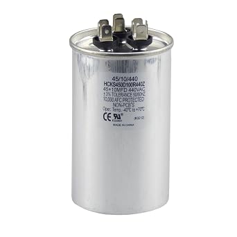 TP-CAP-45/10/440R Round Run Capacitor; 45+10 MFD 440 Volt; Aluminum Oil-Filled Construction; Recognized and Protected To 10,000 Afc; 50/60 Hz