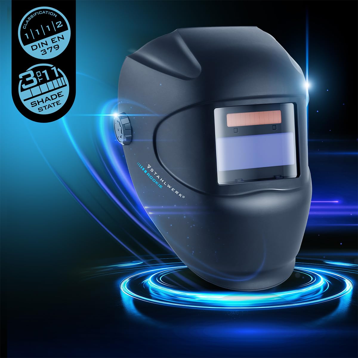 STAHLWERK Casque de soudage Automatique Rookie – Masque de Soudeur Robuste, écran de soudage, Masque avec Filtre à obscurcissement Automatique de DIN 3 à DIN 11, Classe Optique 1/1/1/2