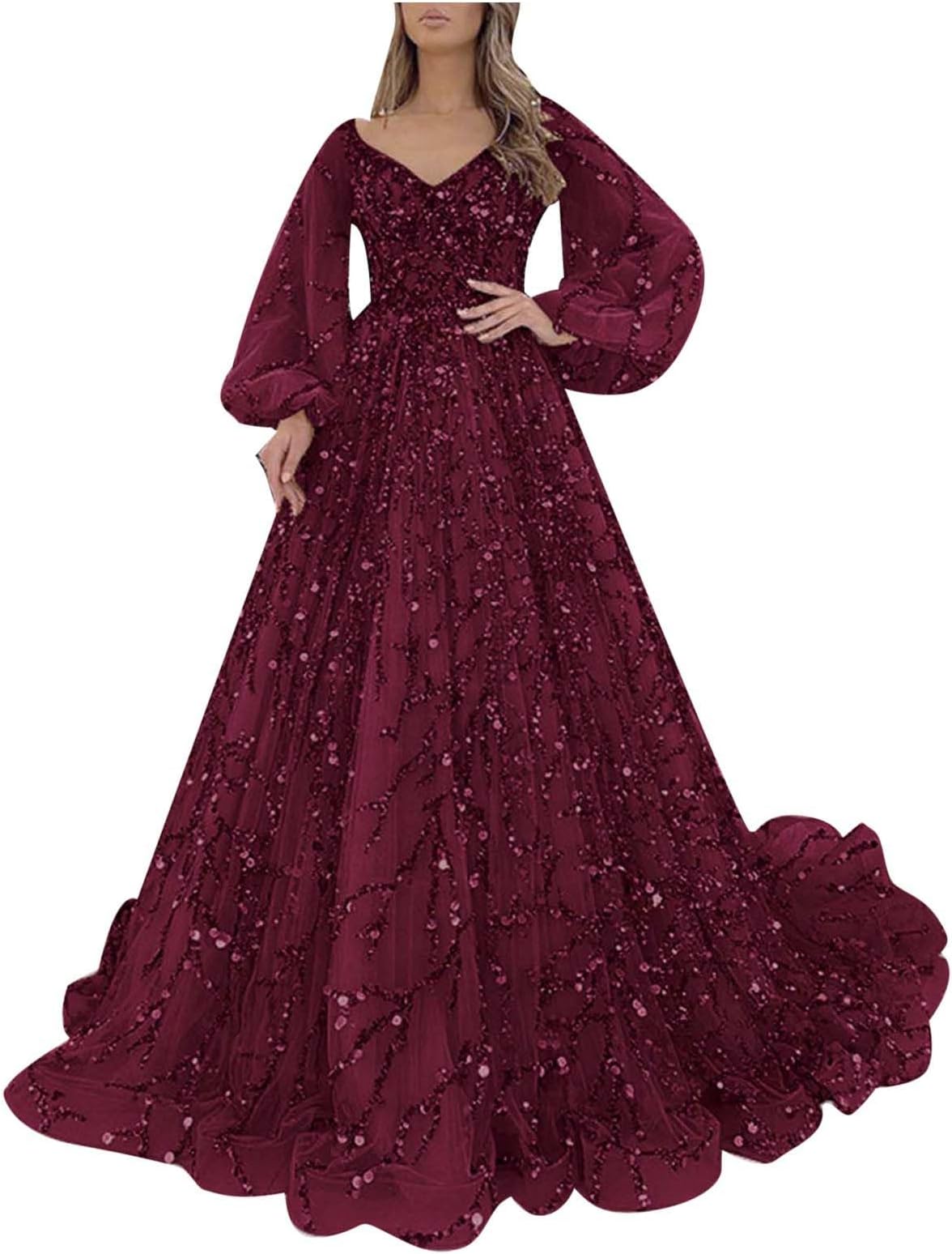 BerimaterryLadies Ball Gown Sparkly Long Sleeve V Neck Beaded Lace Prom Dresses Back Zipper Ball Gown Glitter Tulle A-Line Quinceanera Wedding Ball Dress Formal Evening Party Dress