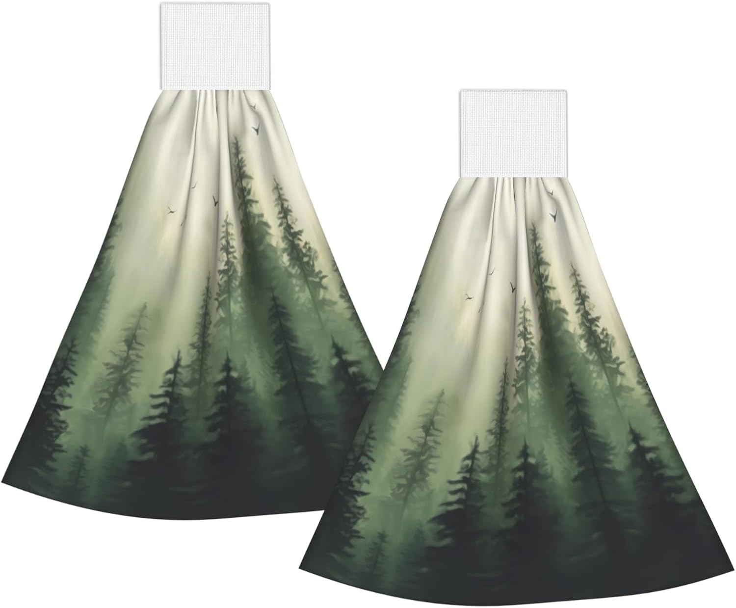 Giwawa Green Misty Forest Kitchen Hanging Towel Set of 2 Mountain Woodland Fingertip Bath Tie Towel Absorbent Washcloth for Bathroom Laundry Room