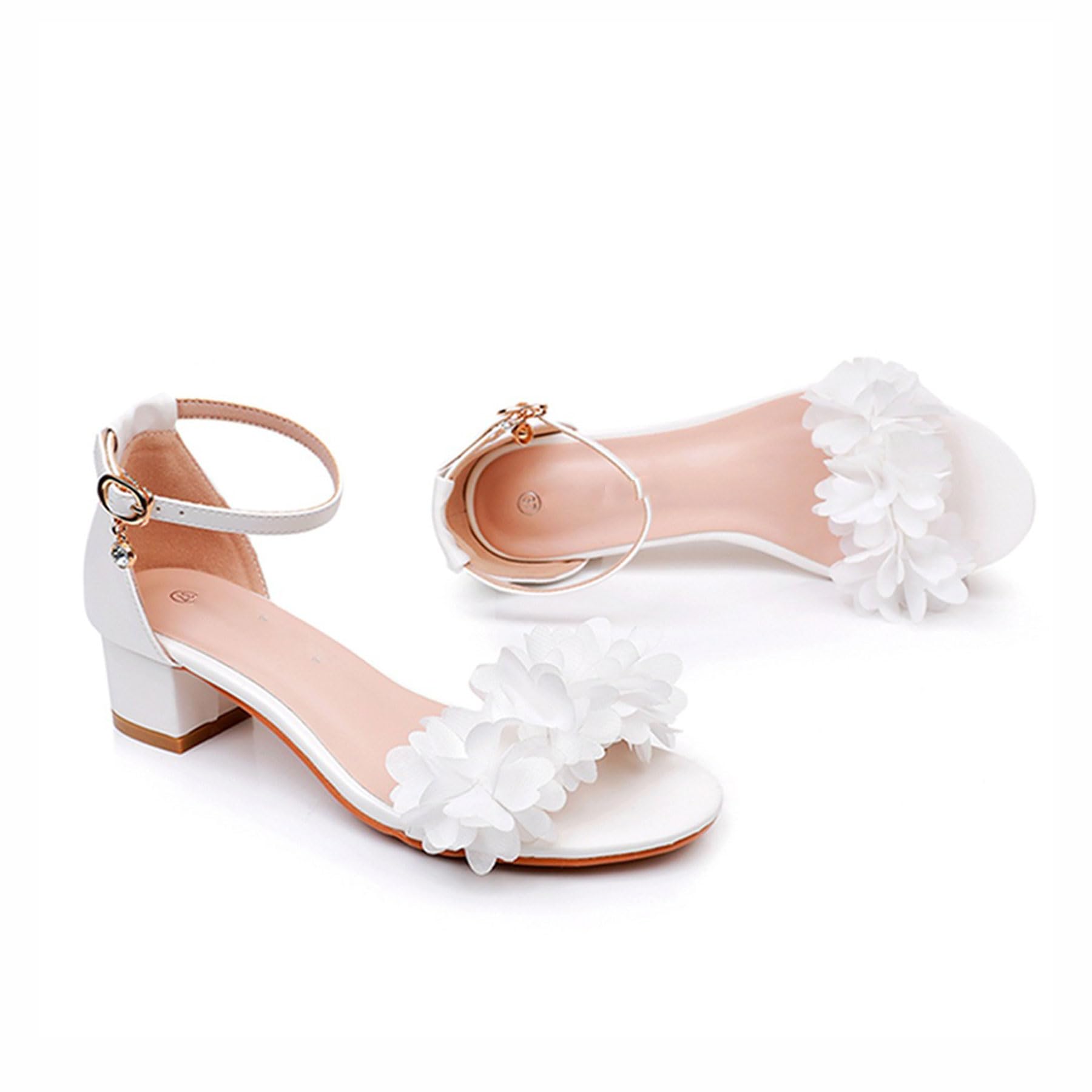 Zenithia Sandali da donna con punta aperta e tacco medio basso e largo,eleganti fiori con cinturino alla caviglia e tacco grosso per matrimoni,feste,bianco