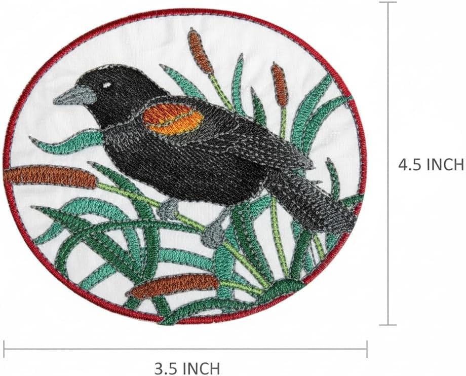 Nature Weaved in Threads, Amazing Birds Kingdom [Red-Winged Blackbird and Cattail Circle [Custom and Unique] Embroidered Iron on/Sew Patch [5" *5"] [Made in USA]