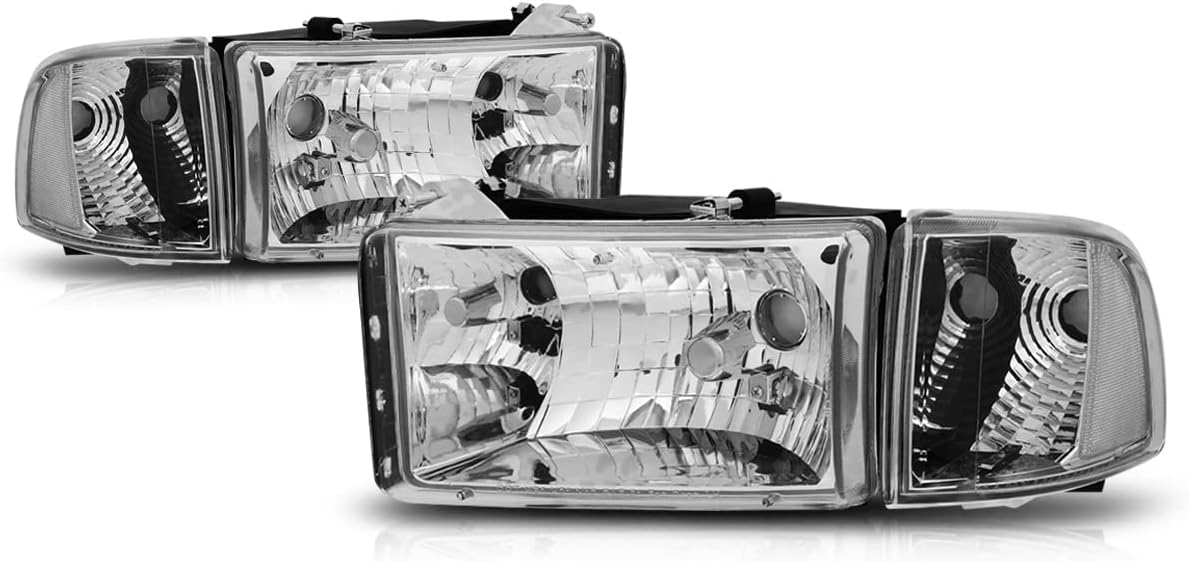 PM PERFORMOTOR 4Pcs Headlights Assembly+Corner Lamps Compatible with 94-02 Dodge Ram 1500 2500 3500,Chrome Housing Clear Corner
