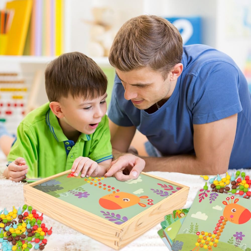 RANJIMA Juego de mosaico para niños, juguetes a partir de 2, 3, 4, 5 años, mosaico de madera, juego de manualidades para niños, tenedores con cuentas, regalos 3D para niños, niñas, Navidad, animales