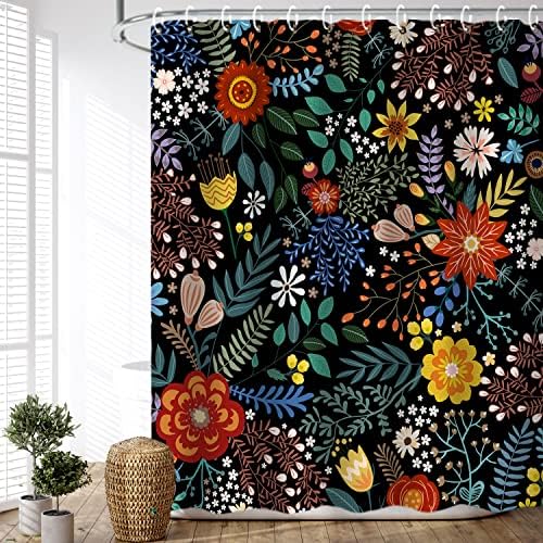 LIVILAN Black Floral Shower Curtain for Bathroom Flower Shower Curtain Dark Shower Curtain Colorful Unique Boho Shower Curtain Set with 12 Hooks, 72W x72 H