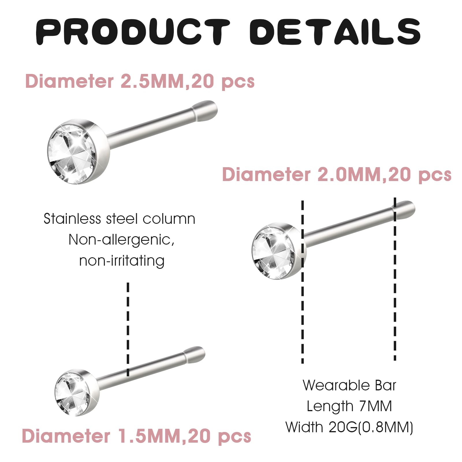 Yolev 60 Stück Nasenstecker Chirurgenstahl Nasenpiercing Stecker Gerader | Silberner Nasenring Ohrstecker Körper Kleiner Piercing Nase Schmuck mit Verpackung 1,5/2/2,5 mm Nostril Piercings Stecker