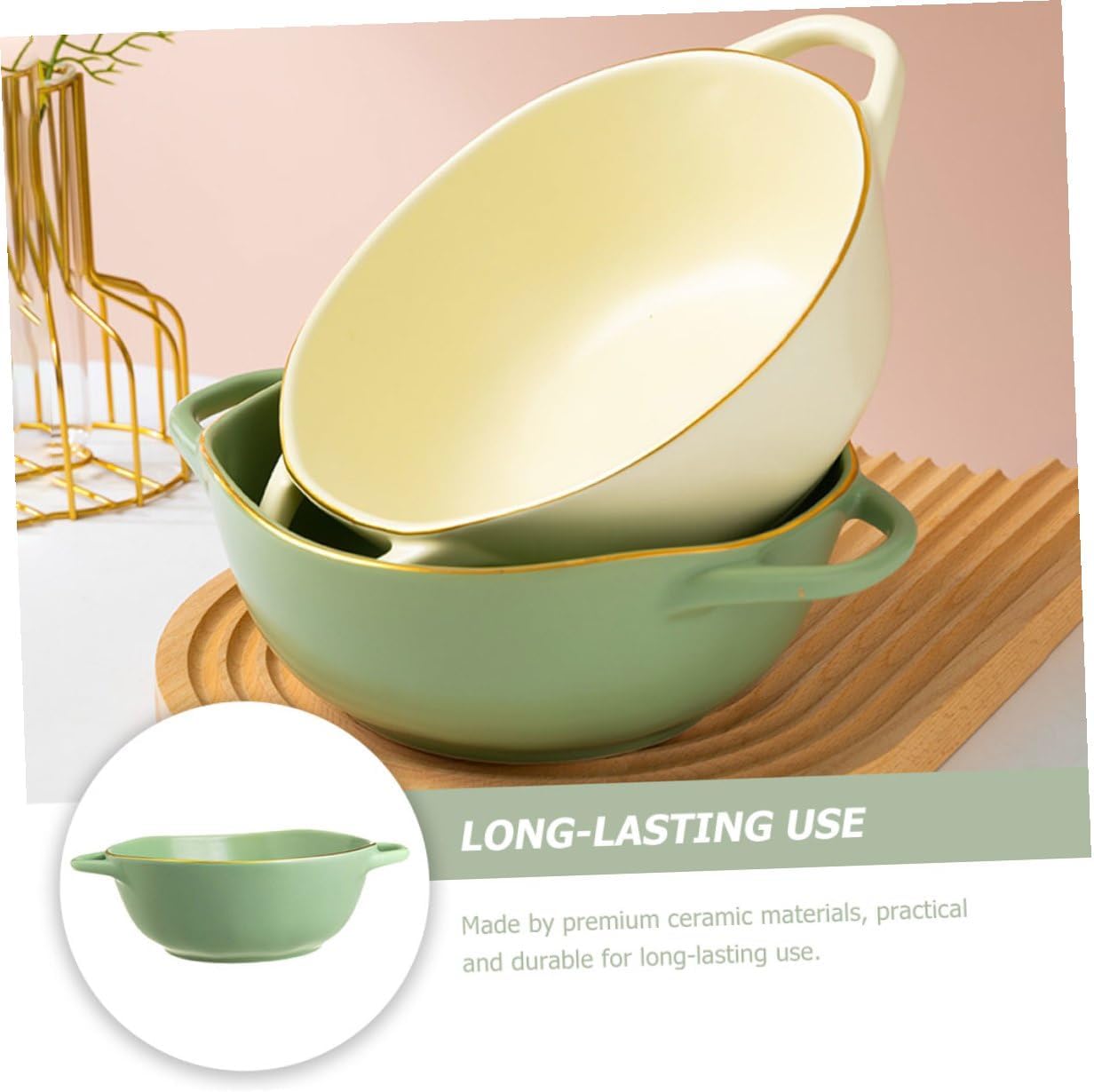 Cabilock Ceramic Double-handle Baking Bowl Soup Serving Dish Matcha Green Salad Mixing Bowl Oven-safe Dinnerware for Kitchen and Dining