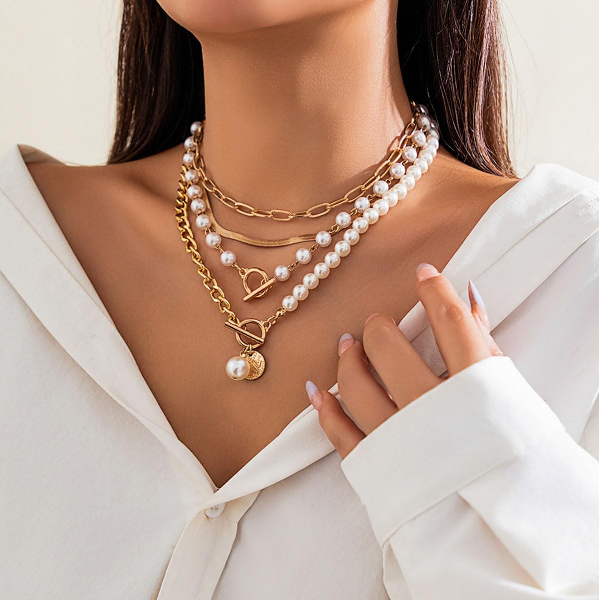 Gold Layered Necklaces for Women Pearl Chocker Paperclip Chain Cuban Link Snake Chain Coin Pearl Pendant OT Clasp Stackable Chocker Necklaces Jewelry Gift for Women - Image 2